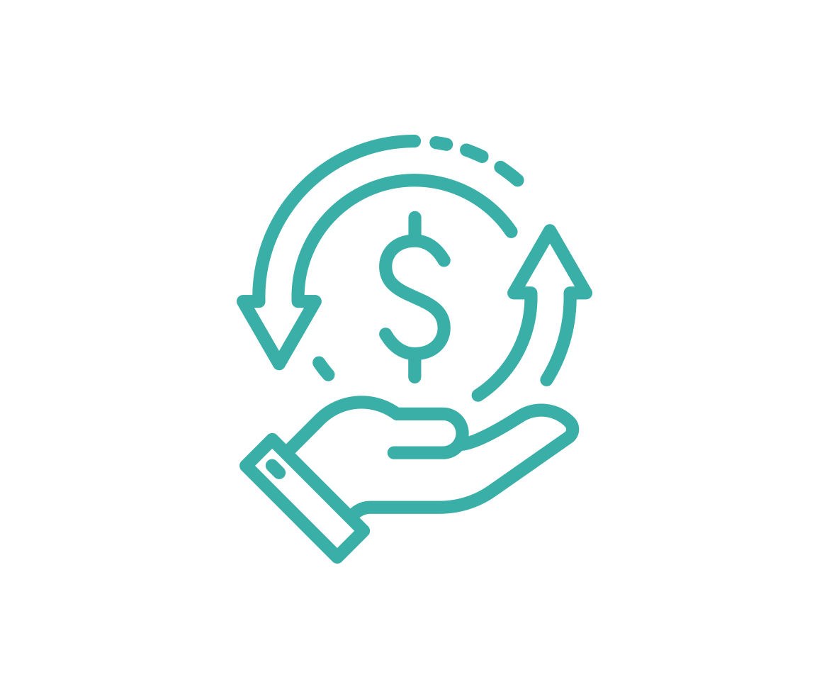 an icon of a hand holding a dollar sign with arrows encircling symbolizing donors