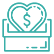 icon of a heart with a dollar sign enclosed being placed in a donation box symbolizing giving to charity