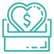 icon of a heart with a dollar sign enclosed being placed in a donation box symbolizing giving to charity