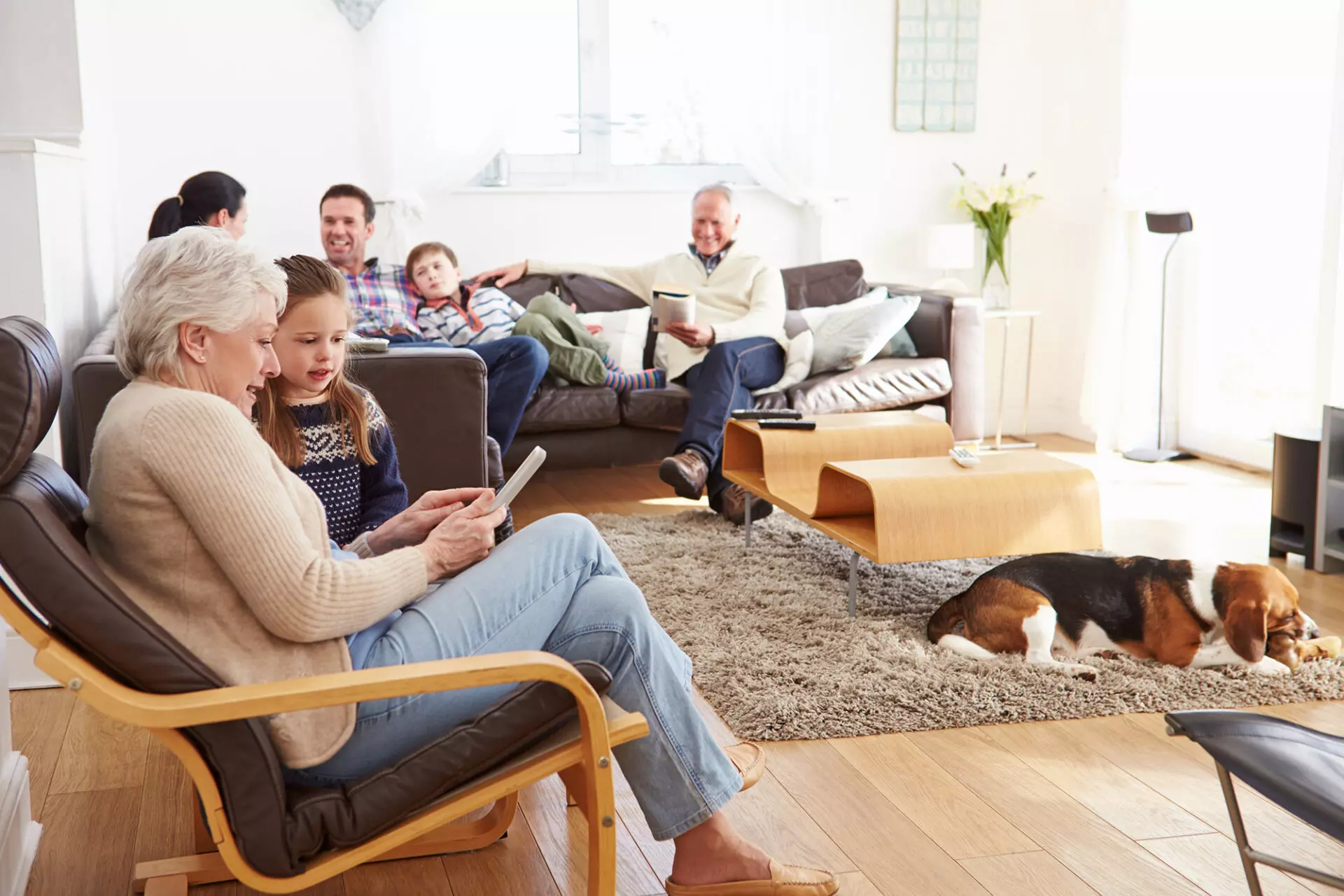 a multigenerational family sits in their living room talking and reading