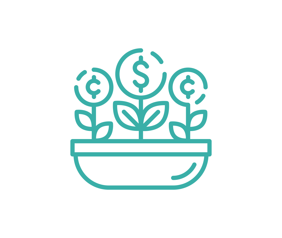 an icon of money growing out of a pot like flowers symbolizing money growing