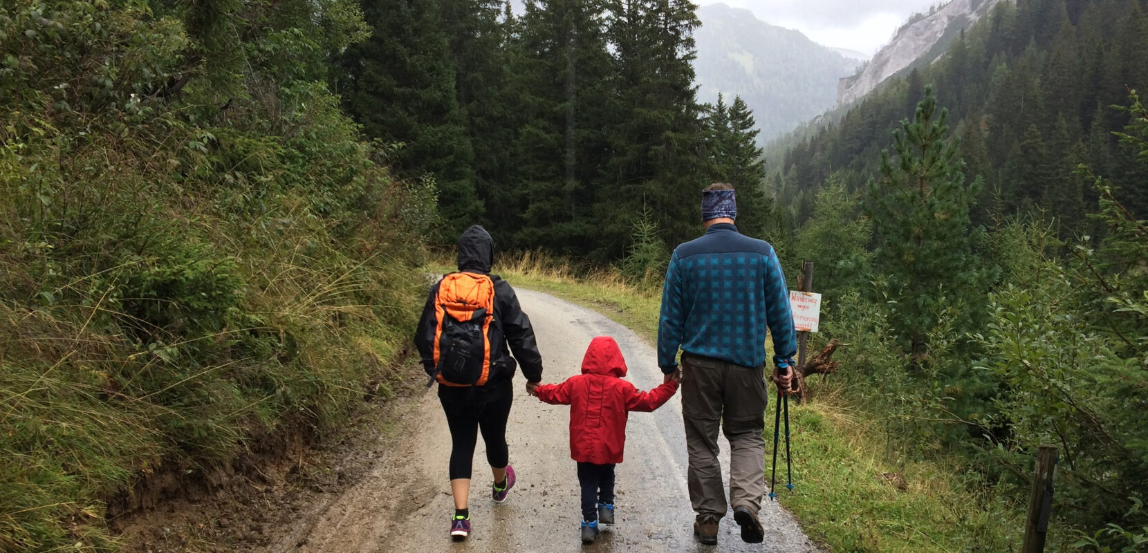 Family walks in the woods on a rainy day