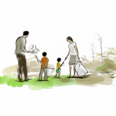 Line drawing of a family engaging their kids by volunteering to clean up a park.