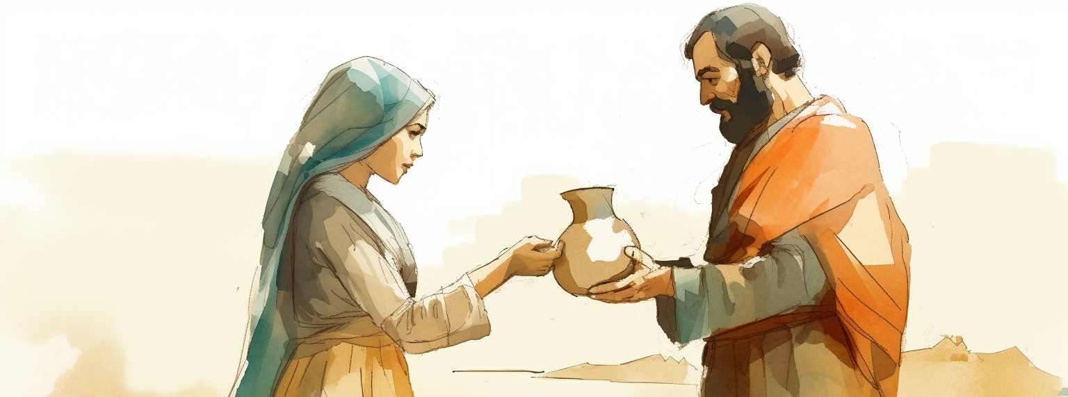 Illustration of Rebekah as she generously shares a jar of water.