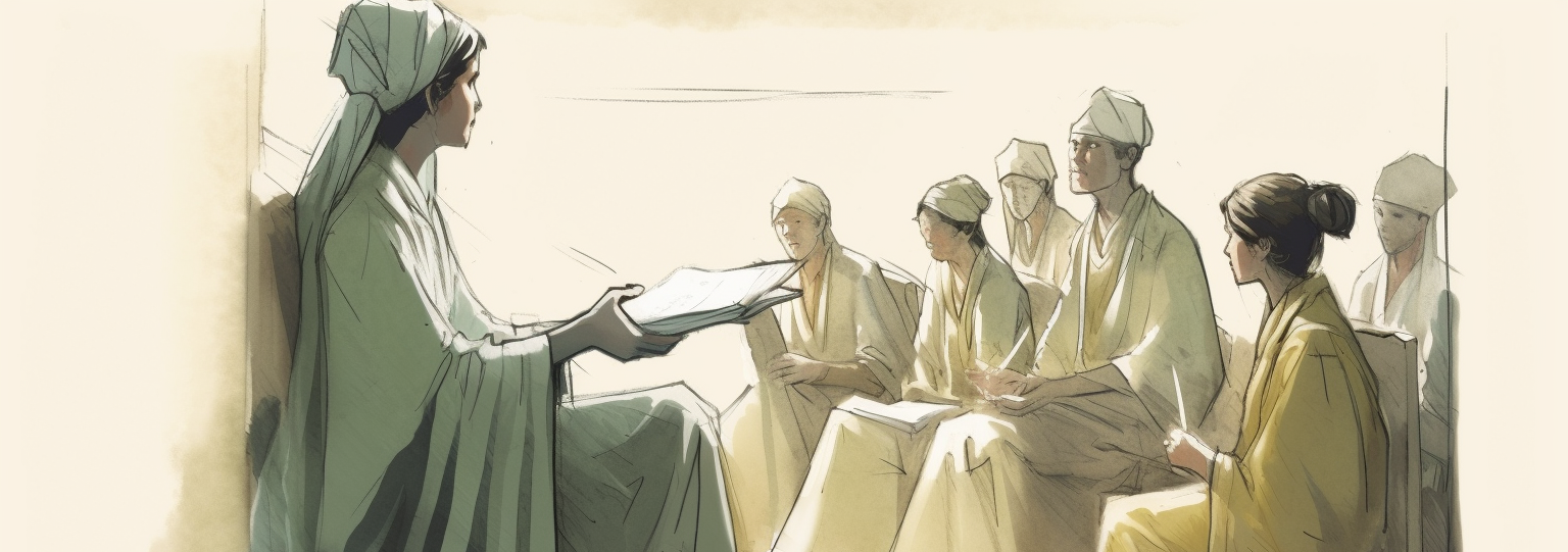 Illustration of a woman teaching others.