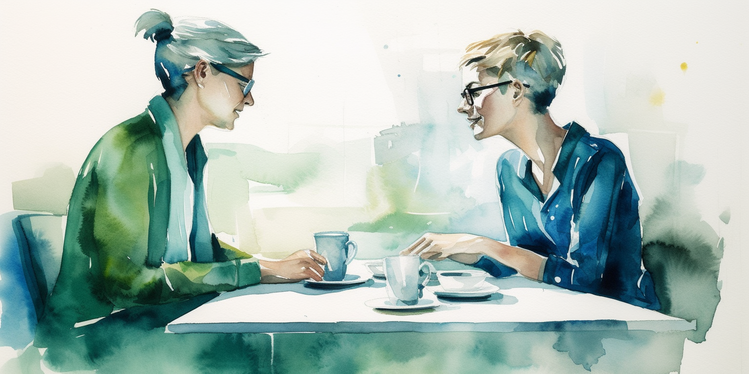 Two professional women saying something to one another in a cafe