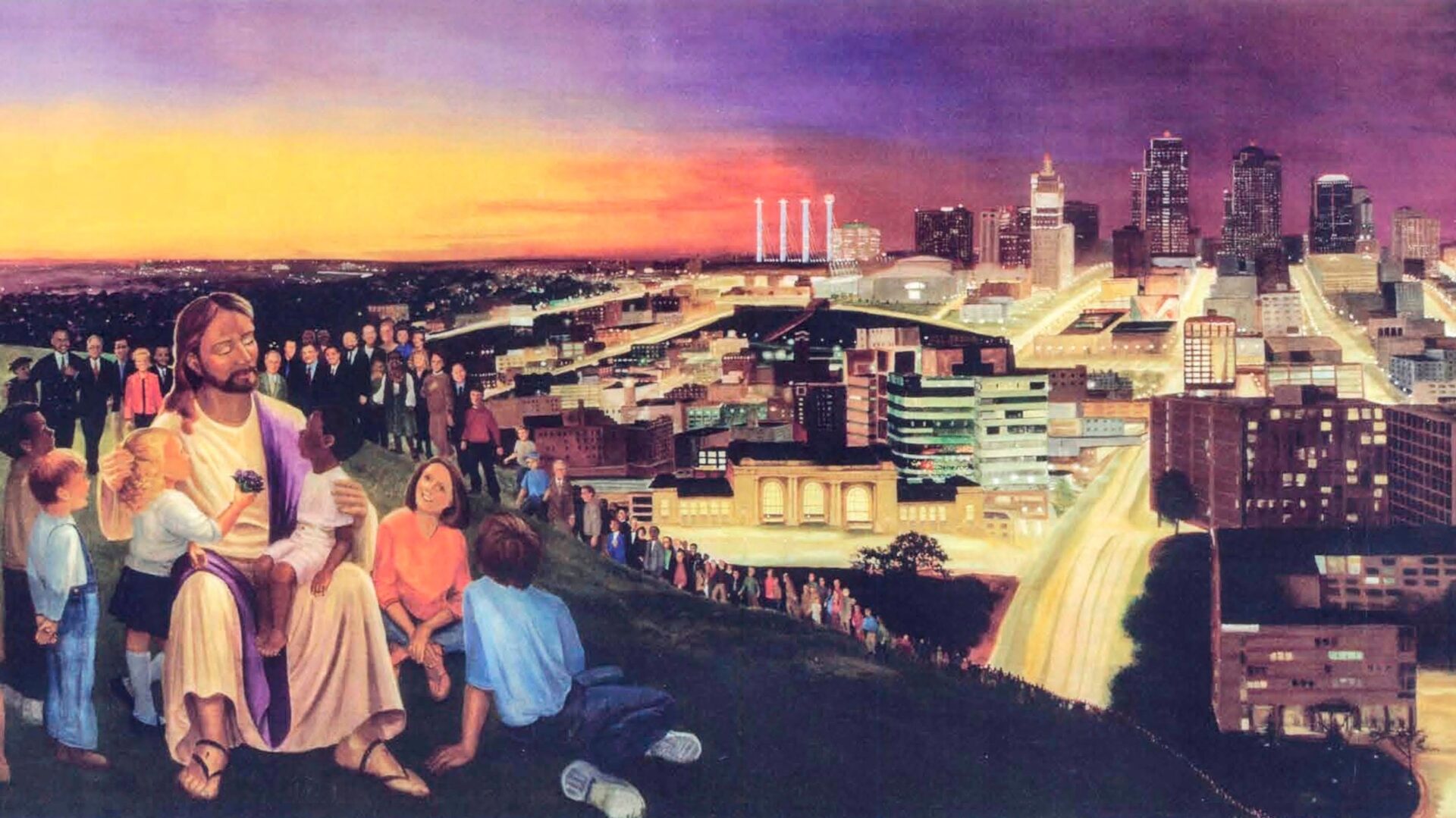 an image of people gathering around Jesus with Kansas City in the background